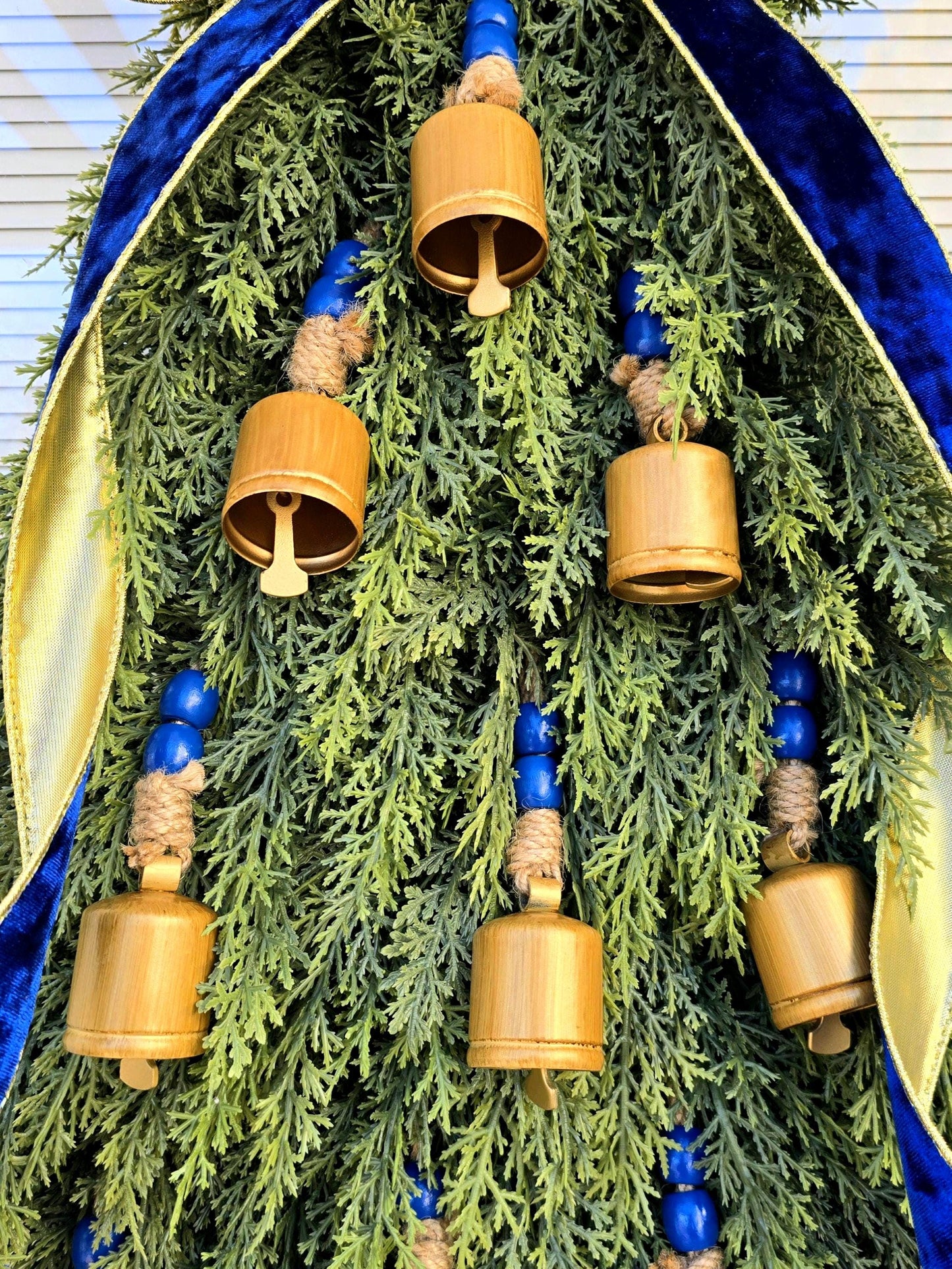 CHRISTMAS WREATH For Front Door Double Door Wreaths Outdoor Holiday Home Decor Blue Gold Bells Xmas Tree Teardrop Swag Housewarming Gift