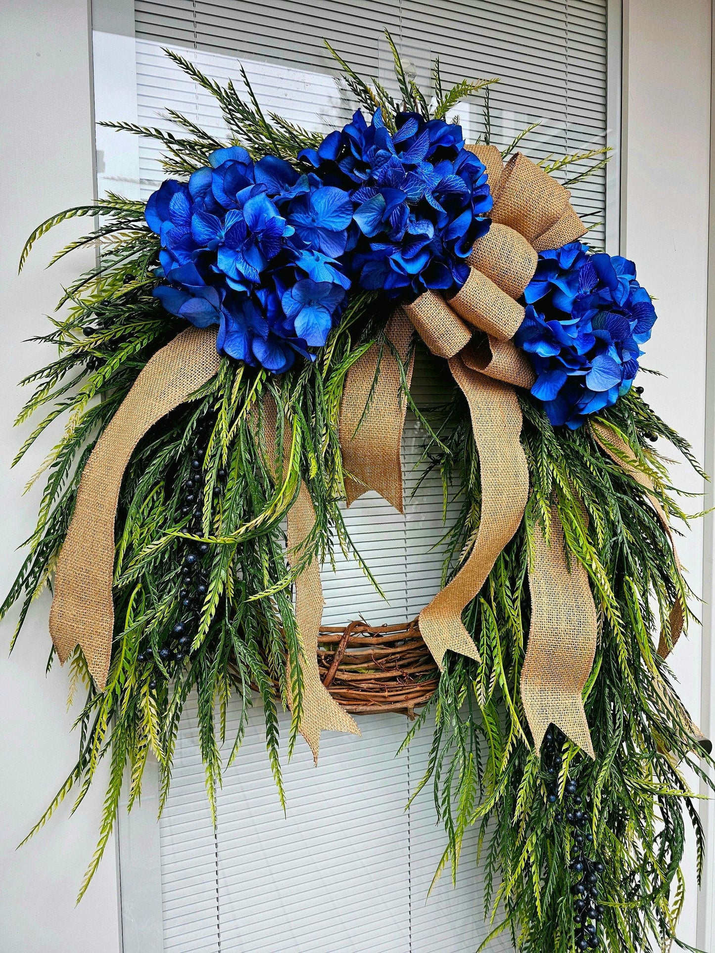 Spring Summer Wreath For Front Door Double Door Wreaths Indoor Outdoor Blue Hydrangea Floral Hanging Greenery Home Decor Housewarming Gifts