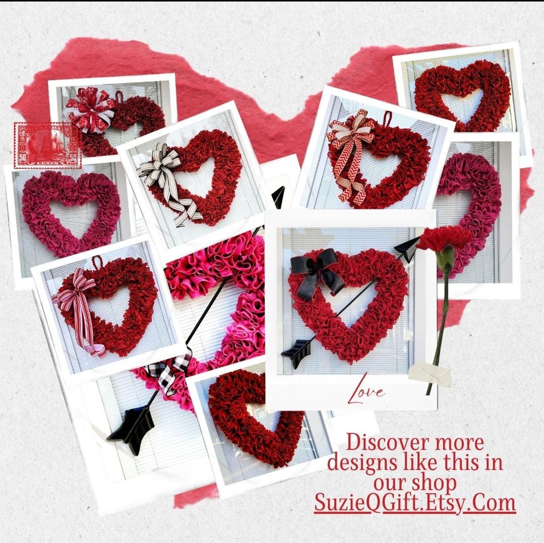 VALENTINES DAY WREATH For Front Door Outdoor Double Door Wreaths Vday Porch Decor - 22" Red Heart Shaped Burlap Wreath