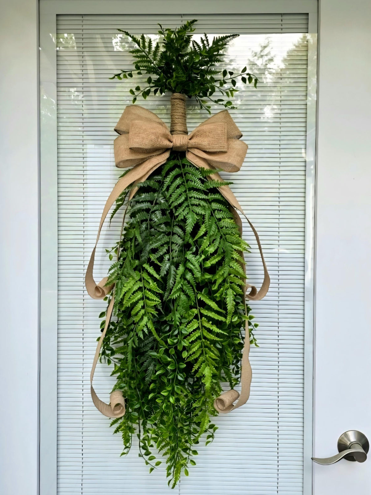Greenery Teardrop Swag: Faux Fern & Burlap Bow, Indoor Outdoor Decor