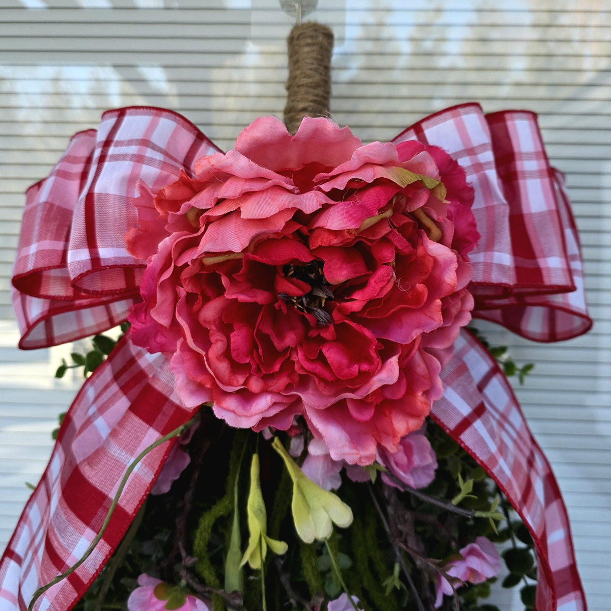 Spring Summer Wreath Teardrop Swag - Pink Floral Rustic Farmhouse Porch Decor
