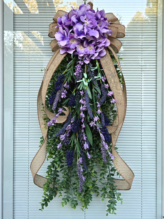 Handcrafted Rustic Eucalyptus Hydrangea Lavender Teardrop Wreath Swag
