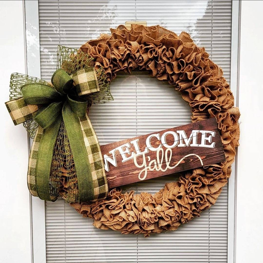 XL Outdoor Welcome Yall Burlap Front Door Wreath For Your Year Round Spring Summer Fall Winter Home Decor Seasonal Decorations Reef Gifts