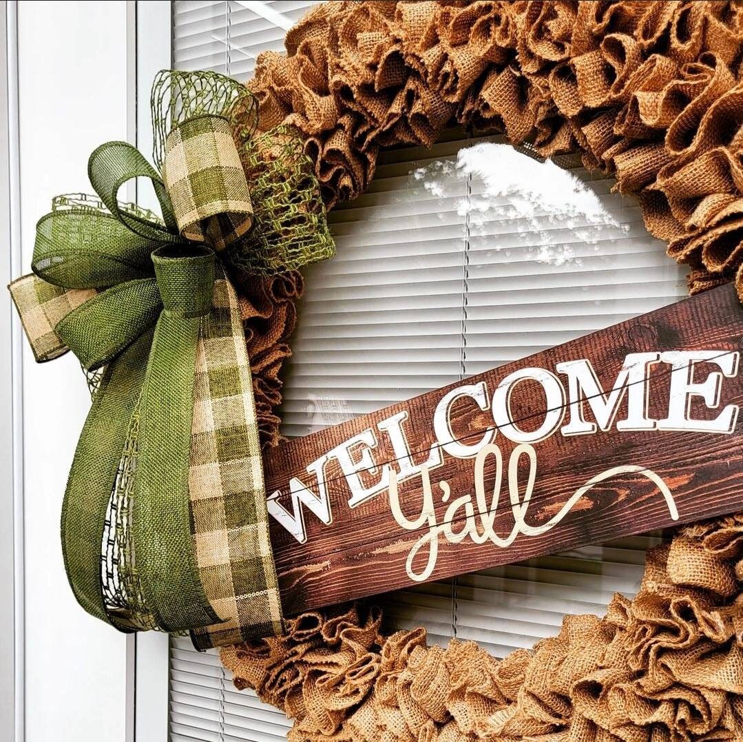 XL Outdoor Welcome Yall Burlap Front Door Wreath For Your Year Round Spring Summer Fall Winter Home Decor Seasonal Decorations Reef Gifts