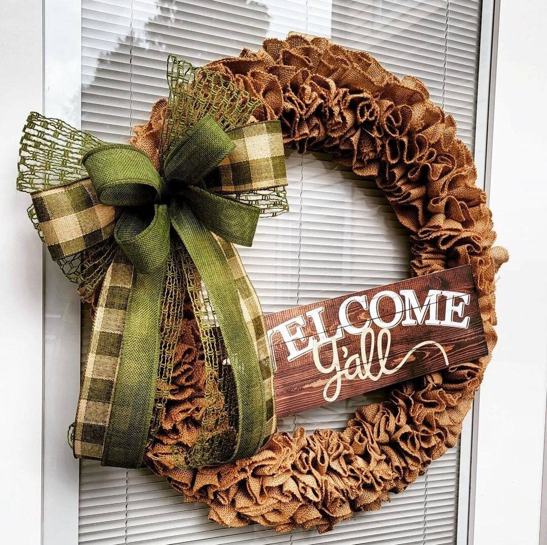 XL Outdoor Welcome Yall Burlap Front Door Wreath For Your Year Round Spring Summer Fall Winter Home Decor Seasonal Decorations Reef Gifts