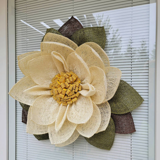 Outdoor Magnolia Cream Burlap Front Door Or Porch Flower Bling Wreath For Your Spring Summer Fall Winter Holiday Season Home Or Wall Decor