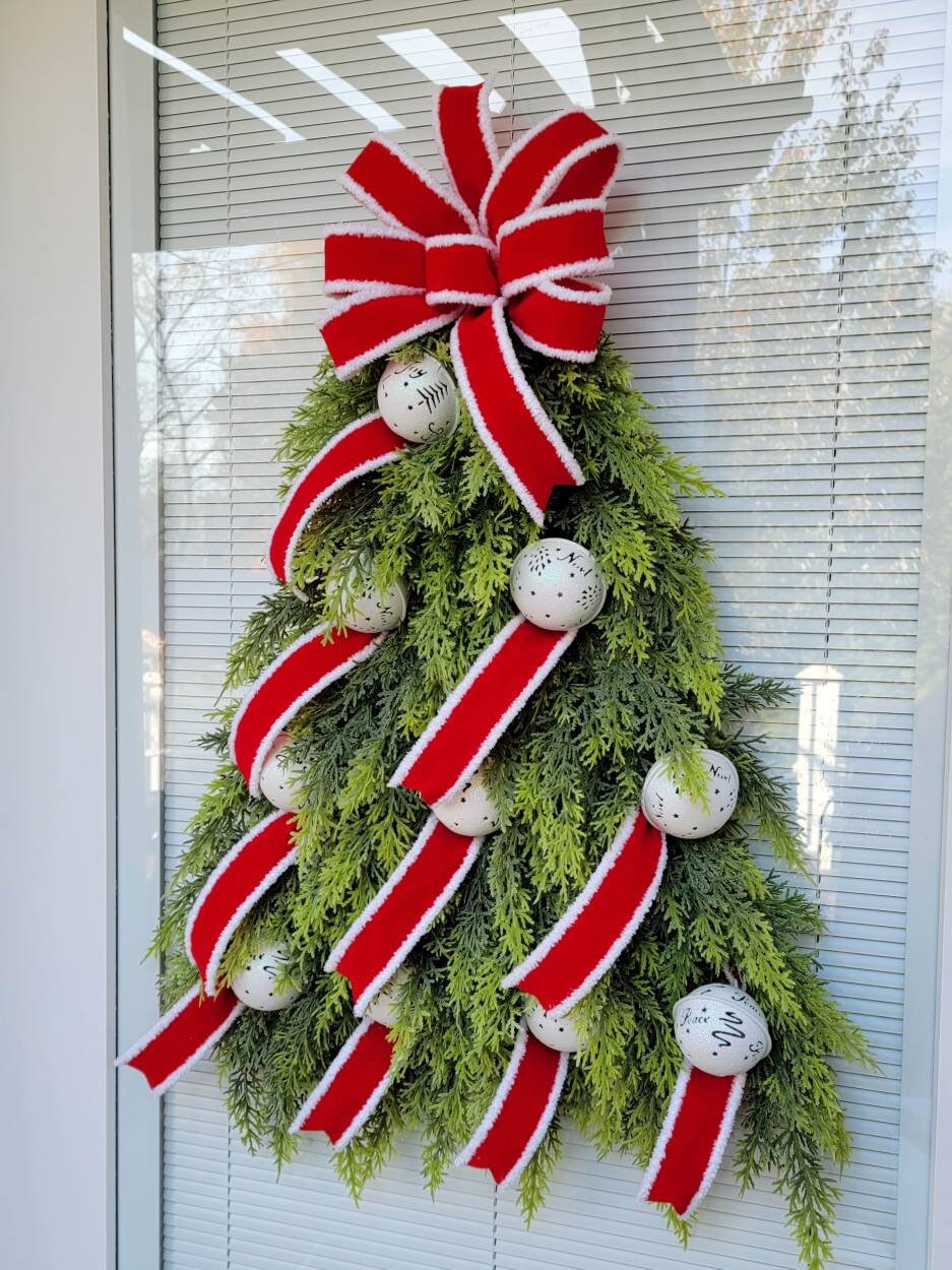 Christmas Wreath For Front Door Decor With Bells, Double Door Wreaths, Holiday Decor, Xmas Teardrop Swag