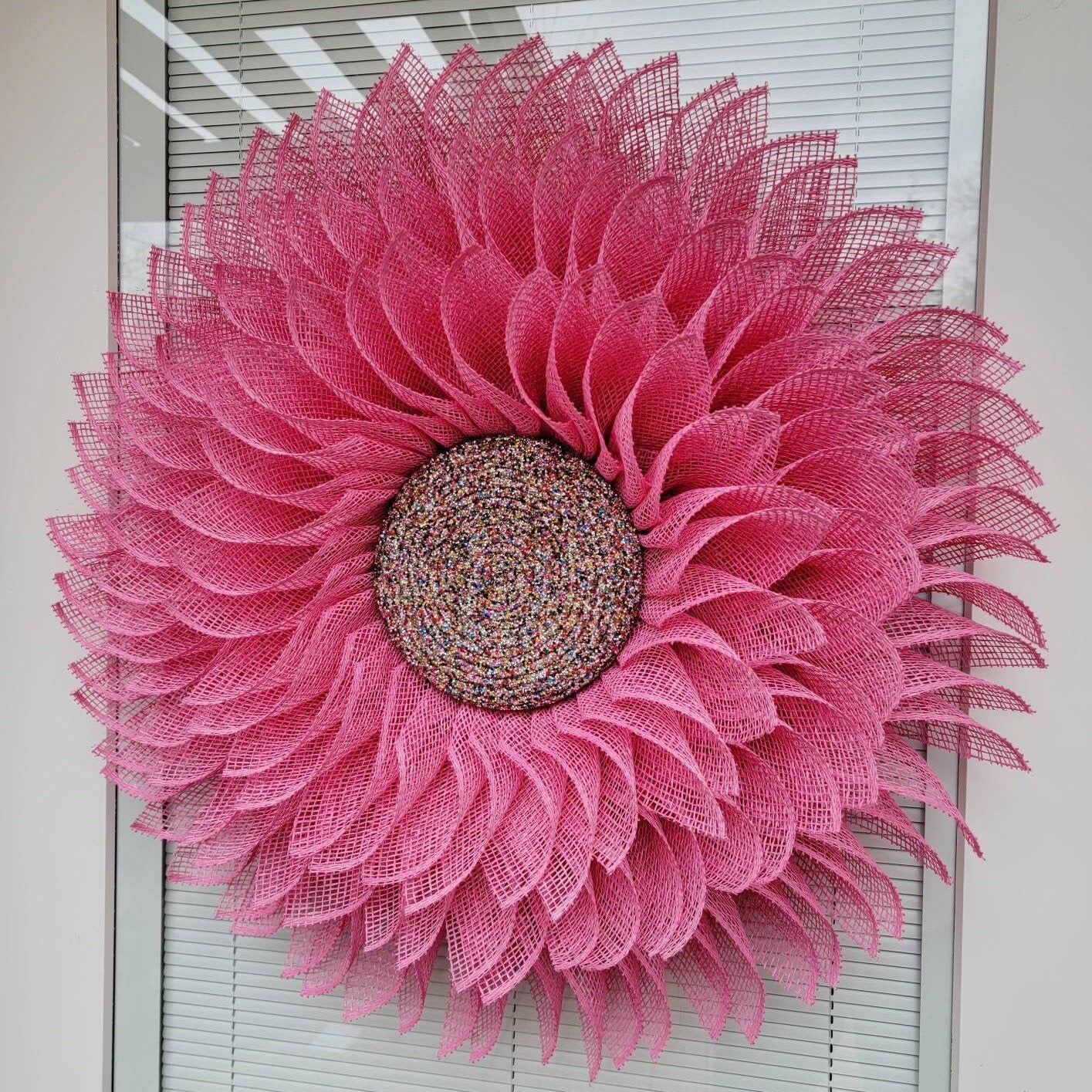 Pink Sunflower Wreath, Front & Double Door Wreaths, Spring Summer Seasonal Porch Decor, Home Decoration, Burlap Flower, Bling Gift idea