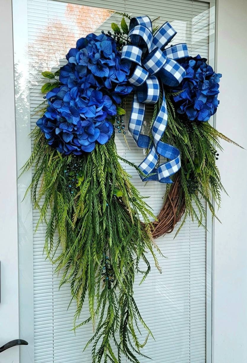 Spring Summer Wreath For Front Door Outdoor Porch Decor, Hydrangea Wreath, Rustic Farmhouse Wreath, Hostess Gift Idea