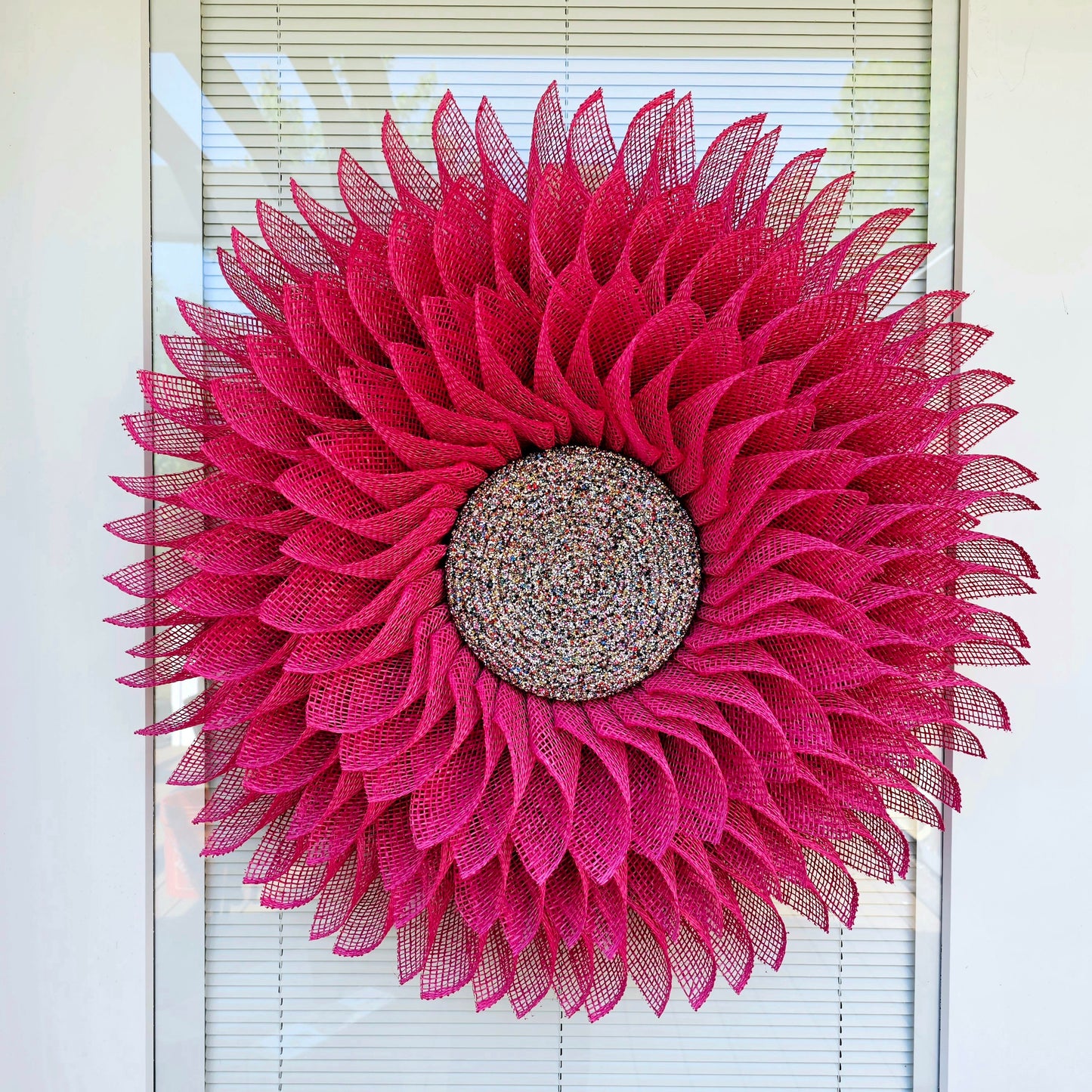 XL Outdoor Pink Sunflower Front & Double Door Wreath, Large Handmade Burlap Flower, Spring Summer Fall Winter Porch Decor, Bling Home Gift