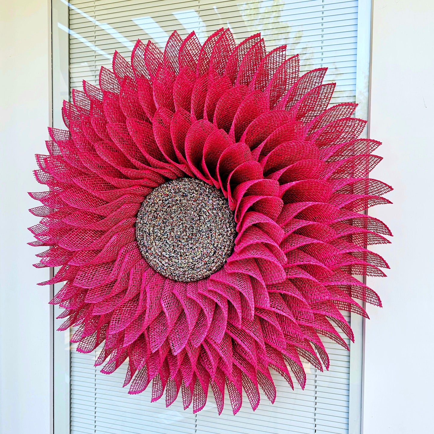 XL Outdoor Pink Sunflower Front & Double Door Wreath, Large Handmade Burlap Flower, Spring Summer Fall Winter Porch Decor, Bling Home Gift