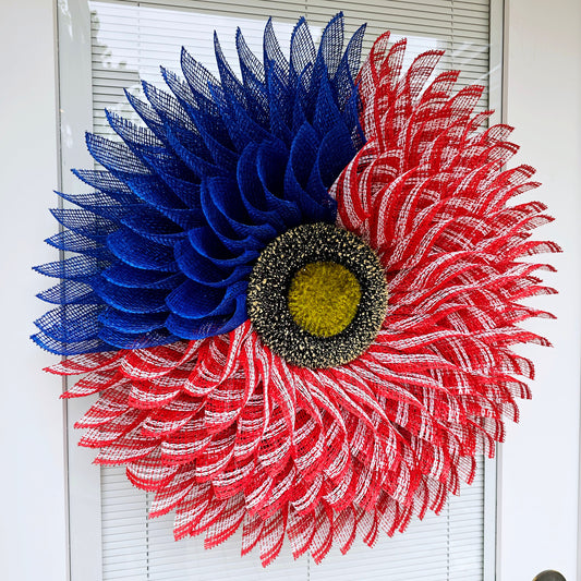 XL American Flag Wreath For Front & Double Door, Outdoor Flower Porch Decor For July 4th Memorial And Labor Day USA In Red White Blue Burlap