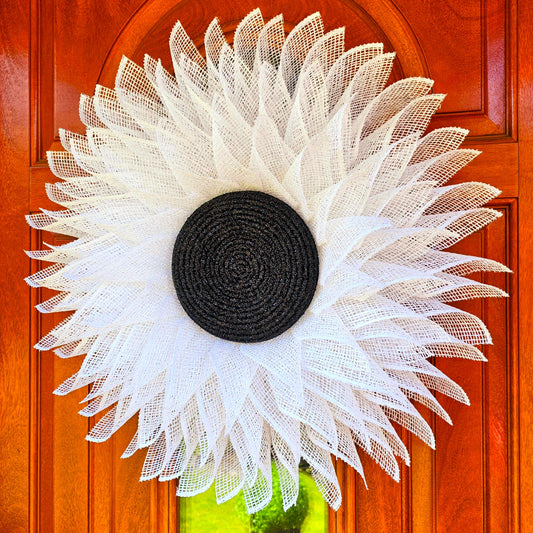 White Burlap Flower Front Door Wreath, Double Door Decor, Outdoor Spring Summer Seasonal Decoration, Home Decor, Daisy Sunflower Floral Gift