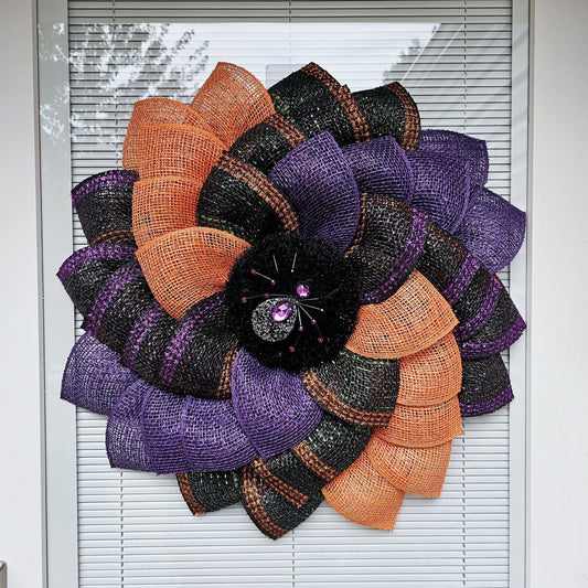 Unique Halloween Sunflower Spider Wreath For Front Door, Double Door, Outdoor Porch Decor, Purple Orange Black Fall Decoration, Home Gift