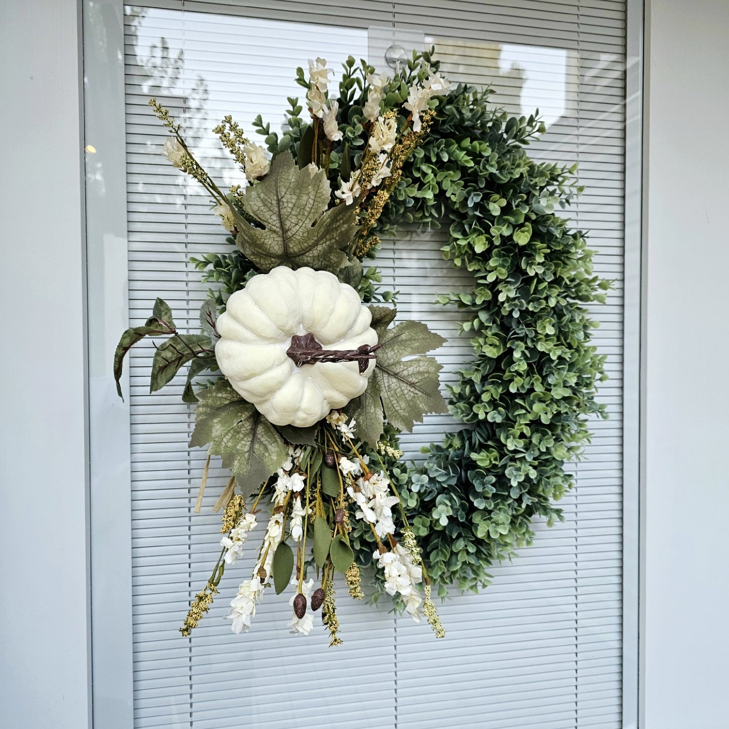 Fall Wreath for Front Door, Double Door Wreath, Thanksgiving Oval Swag, Autumn Harvest Porch Decor, Cream Pumpkin Wall Decoration, Home Gift