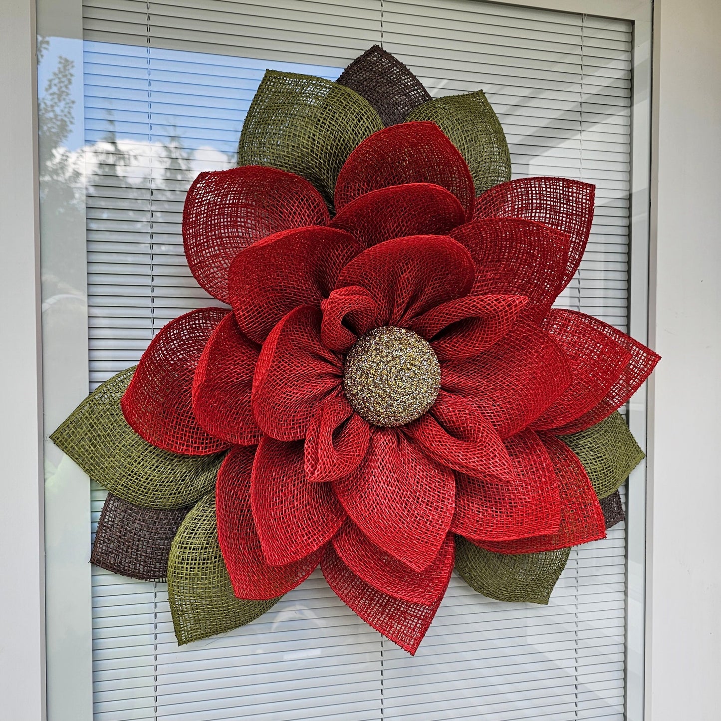 Magnolia Wreath For Front Door, Double Door Wreaths, Outdoor Spring Summer Fall Winter Decor, Christmas Red Burlap Flower, Bling Home Gifts