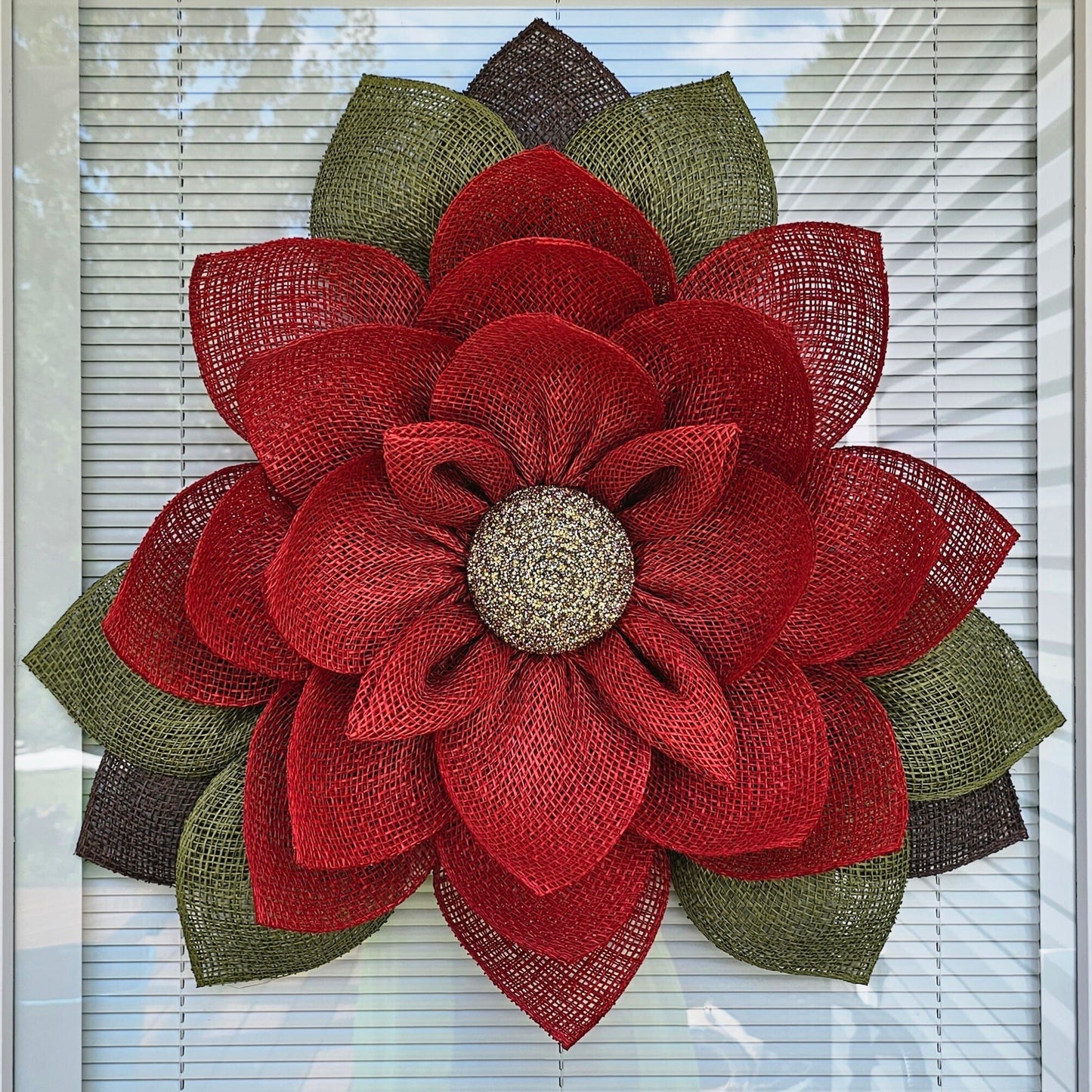 Magnolia Wreath For Front Door, Double Door Wreaths, Outdoor Spring Summer Fall Winter Decor, Christmas Red Burlap Flower, Bling Home Gifts