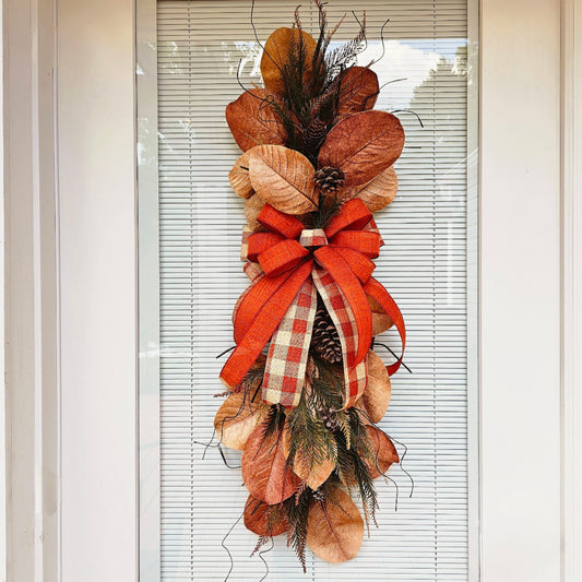 Large Fall Magnolia Leaf Wreath Swag For Front Door Outdoor Double Door Wreaths Long Autumn Decor Outside Porch Decoration