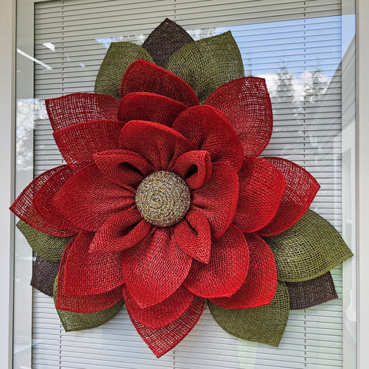 Magnolia Wreath For Front Door, Double Door Wreaths, Outdoor Spring Summer Fall Winter Decor, Christmas Red Burlap Flower, Bling Home Gifts