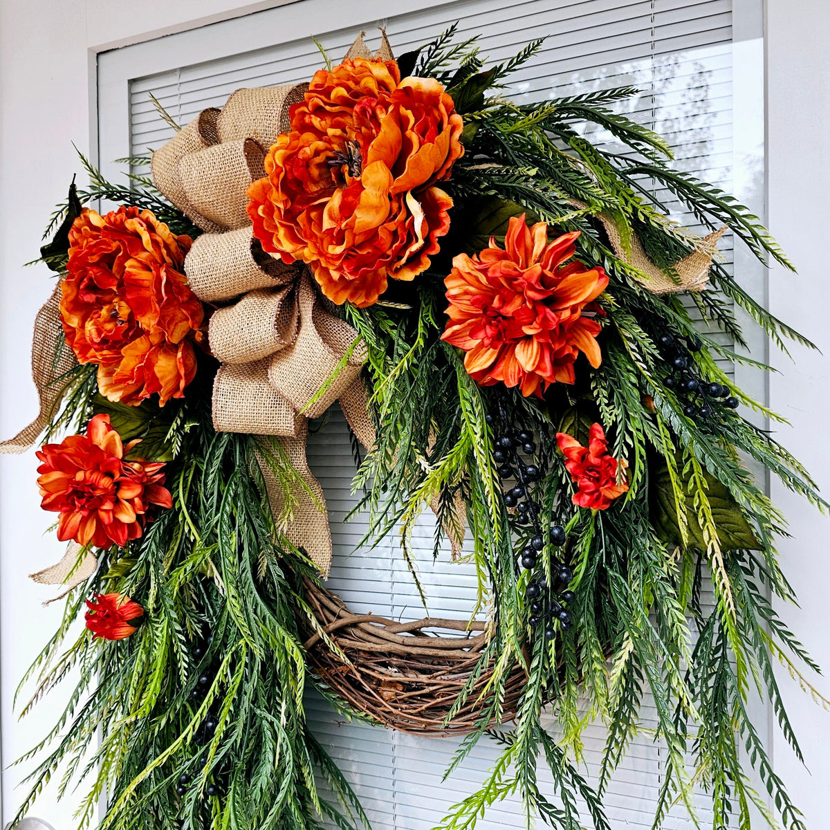 Orange Floral Wreath: Peonies, Dahlias, Burlap Bow, Grapevine Base