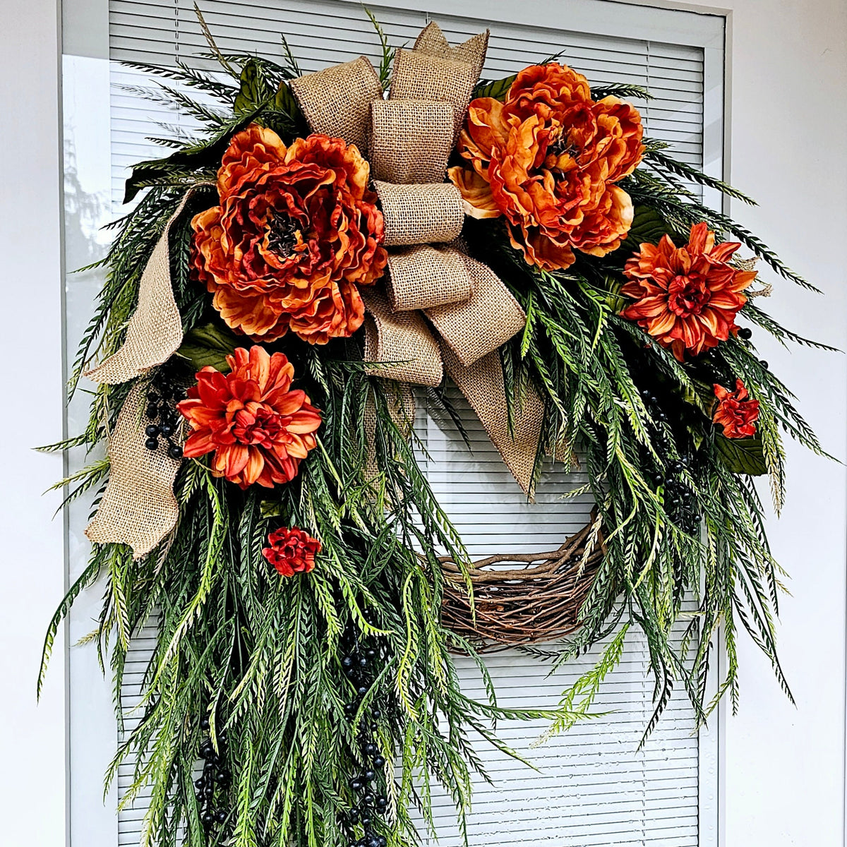 Orange Floral Wreath: Peonies, Dahlias, Burlap Bow, Grapevine Base