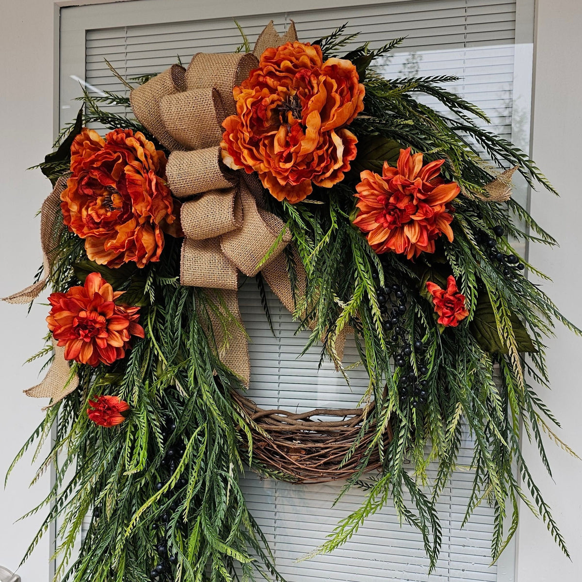 Orange Floral Wreath: Peonies, Dahlias, Burlap Bow, Grapevine Base