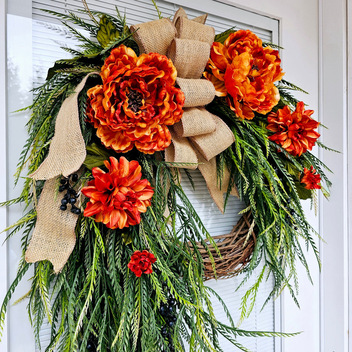 Orange Floral Wreath: Peonies, Dahlias, Burlap Bow, Grapevine Base