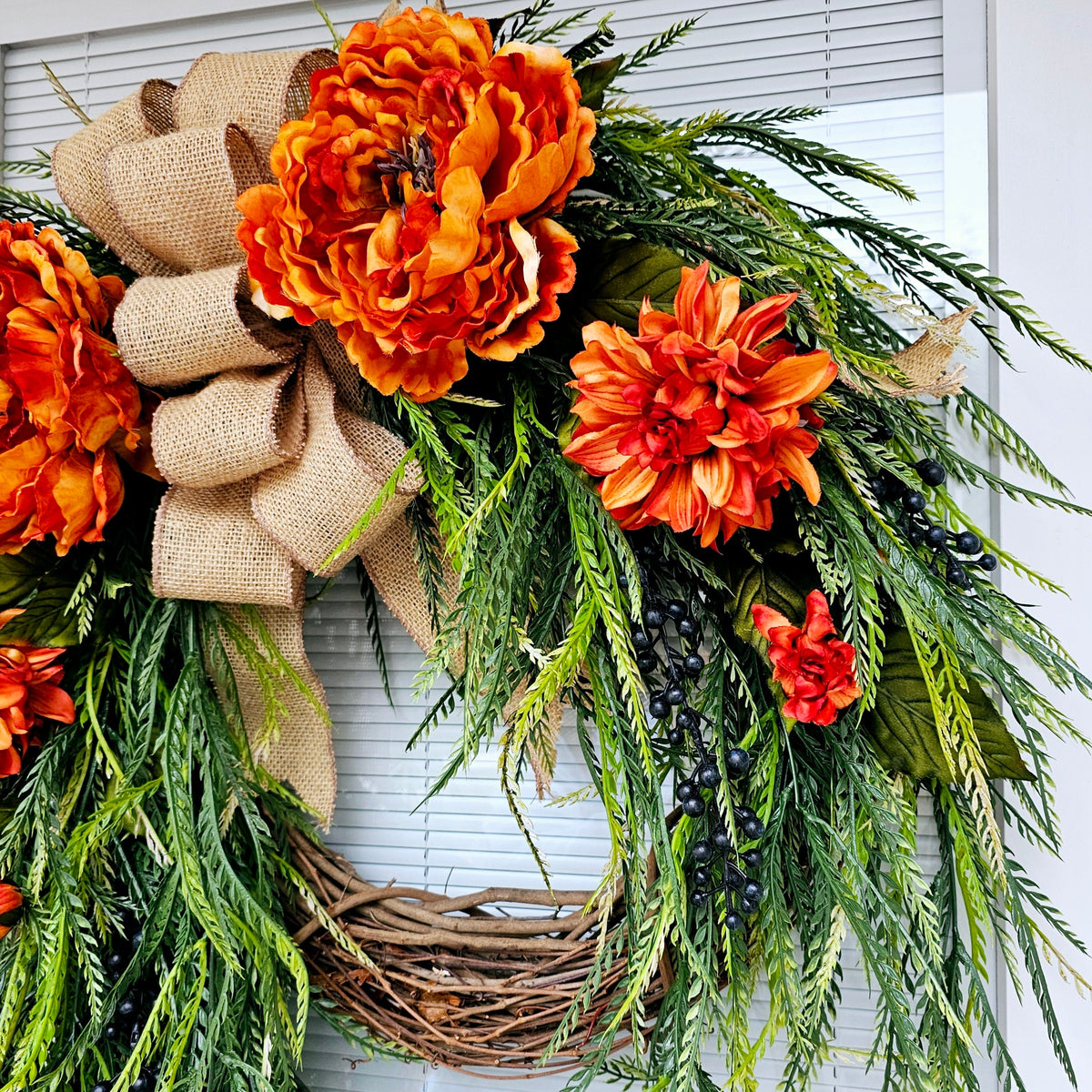 Orange Floral Wreath: Peonies, Dahlias, Burlap Bow, Grapevine Base