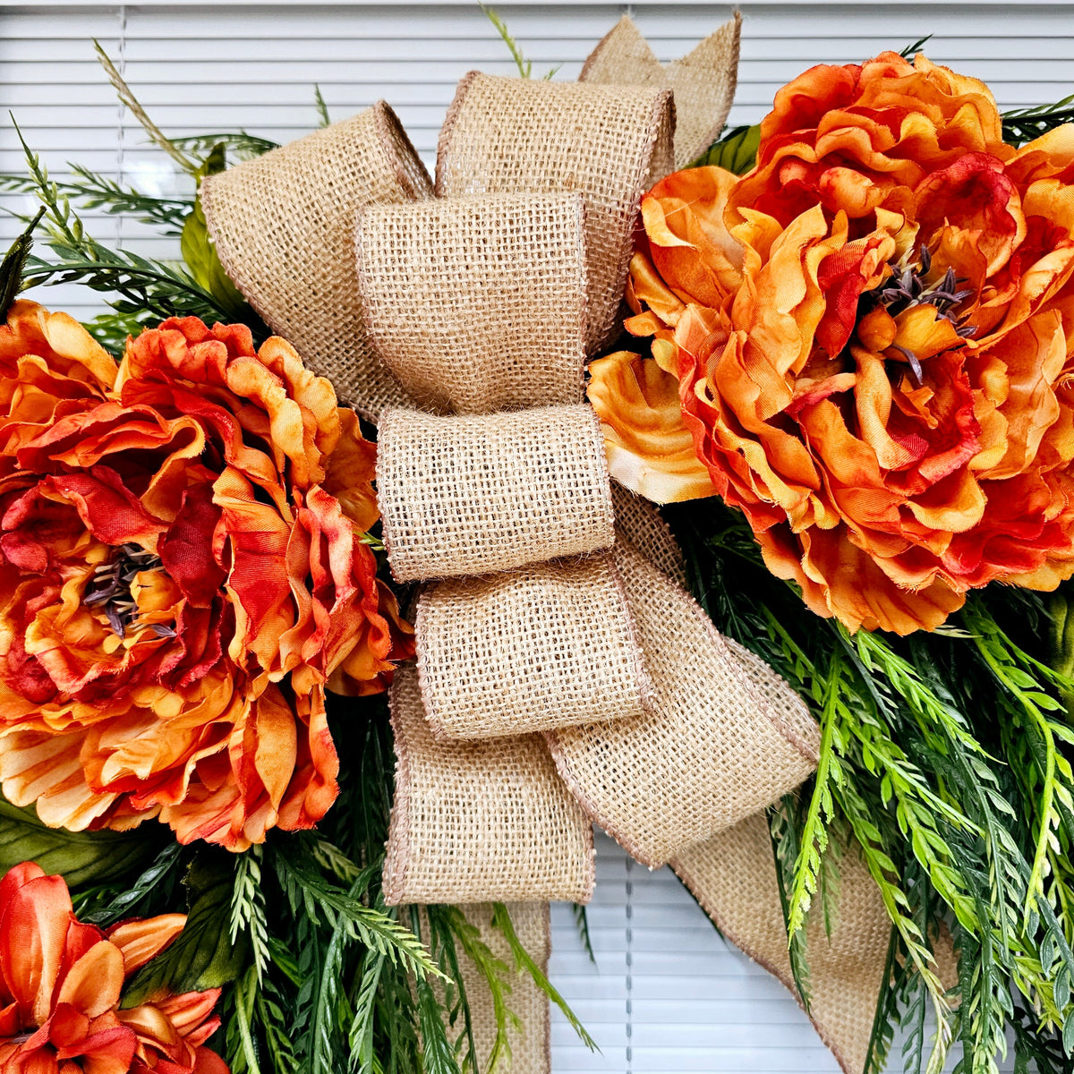 Orange Floral Wreath: Peonies, Dahlias, Burlap Bow, Grapevine Base