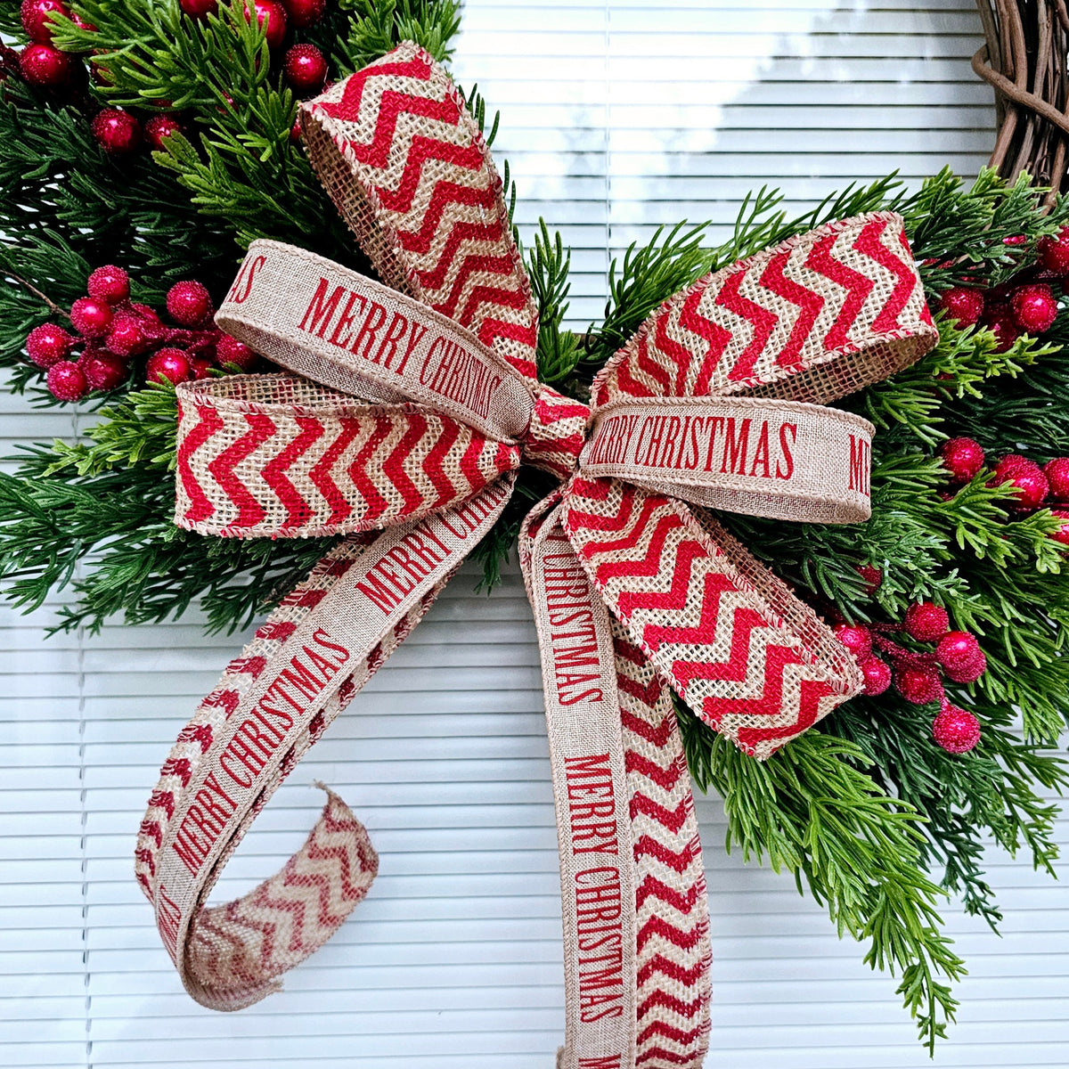 Merry Christmas Wreath: Cedar, Red Berries & Burlap Bow