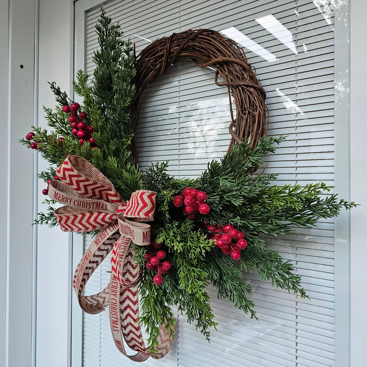 Merry Christmas Wreath: Cedar, Red Berries & Burlap Bow