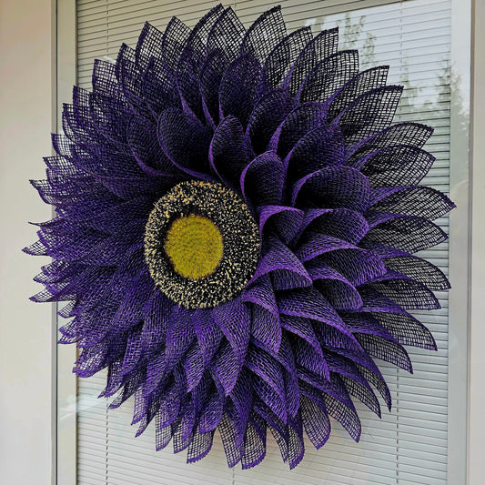 Sunflower Wreath For Front Door, Double Door, Outdoor Spring Summer Fall Porch Decor, Seasonal Decoration, Purple Burlap Flower, Home Gift