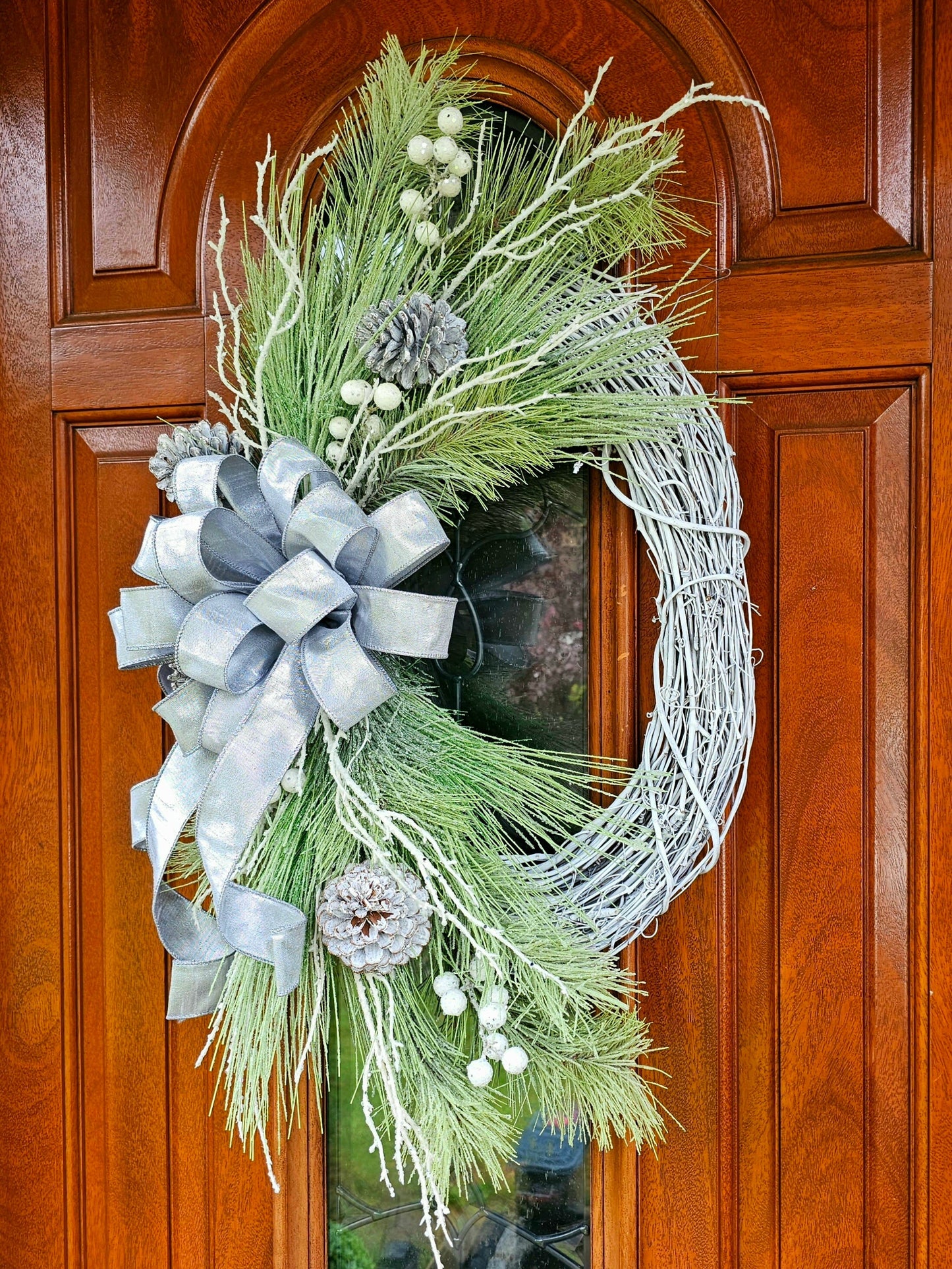 Handcrafted White & Silver Christmas Wreath For Front Door, Winter Porch Decor, Holiday Seasonal Home Decoration, Xmas Housewarming Gift