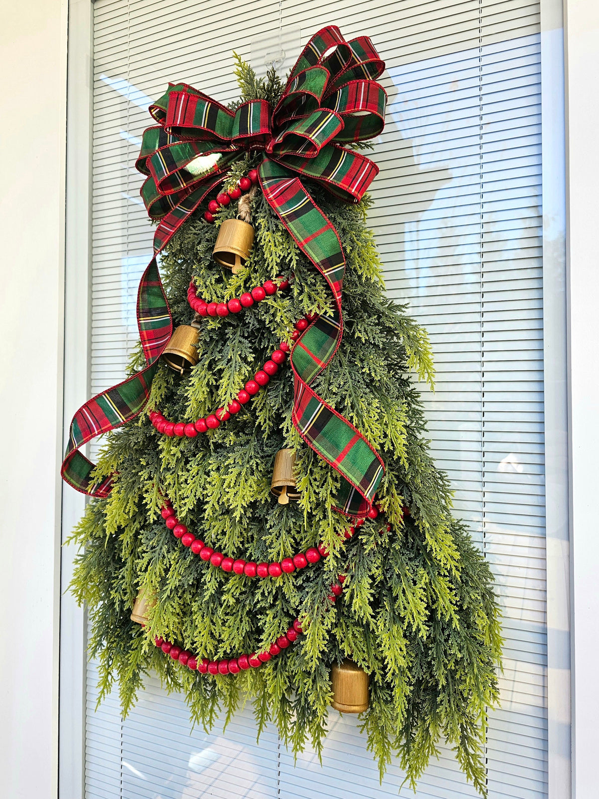 Christmas Tree Wreath: Cedar, Plaid Bow & Gold Bells