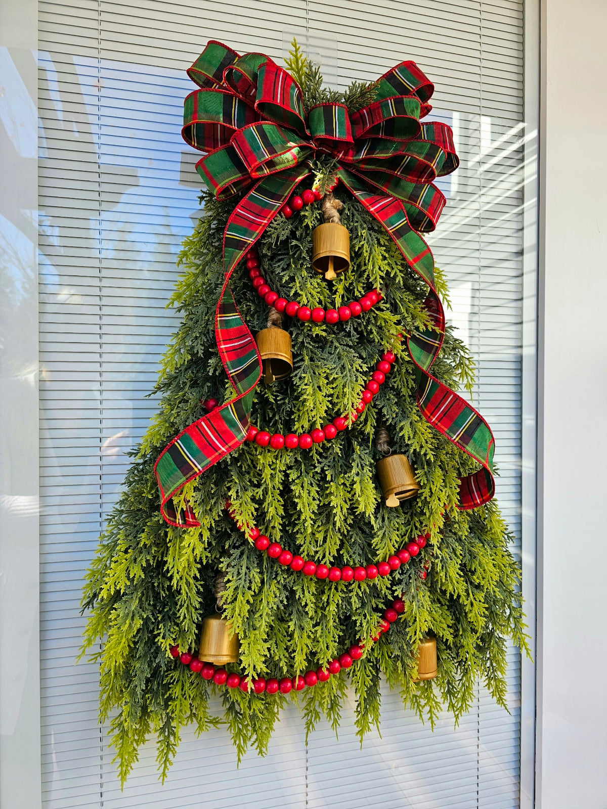 Christmas Tree Wreath: Cedar, Plaid Bow & Gold Bells