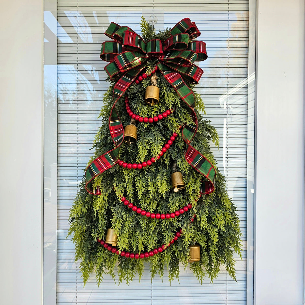 Christmas Tree Wreath: Cedar, Plaid Bow & Gold Bells