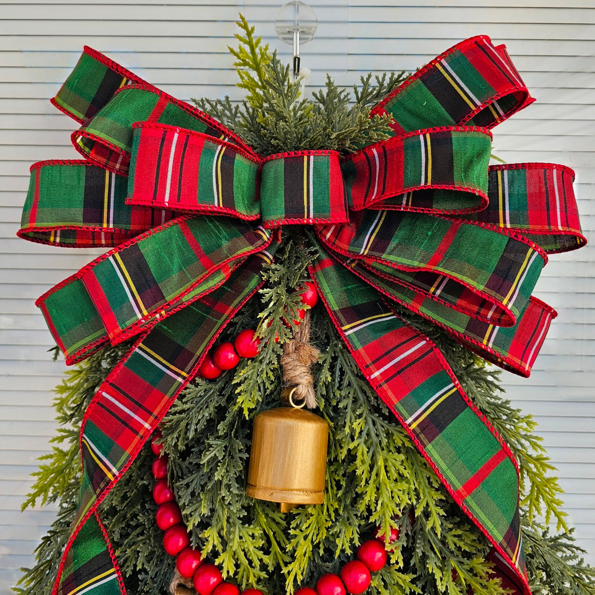 Christmas Tree Wreath: Cedar, Plaid Bow & Gold Bells
