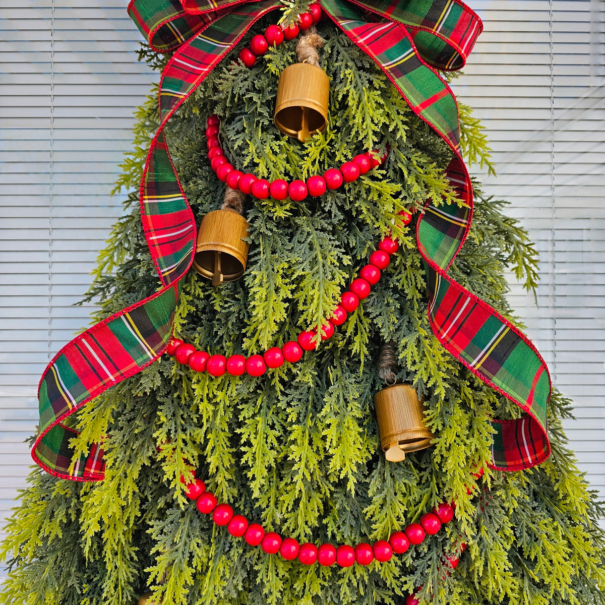 Christmas Tree Wreath: Cedar, Plaid Bow & Gold Bells