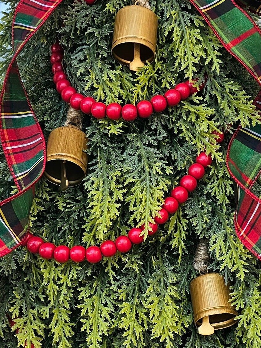 Christmas Tree Wreath: Cedar, Plaid Bow & Gold Bells