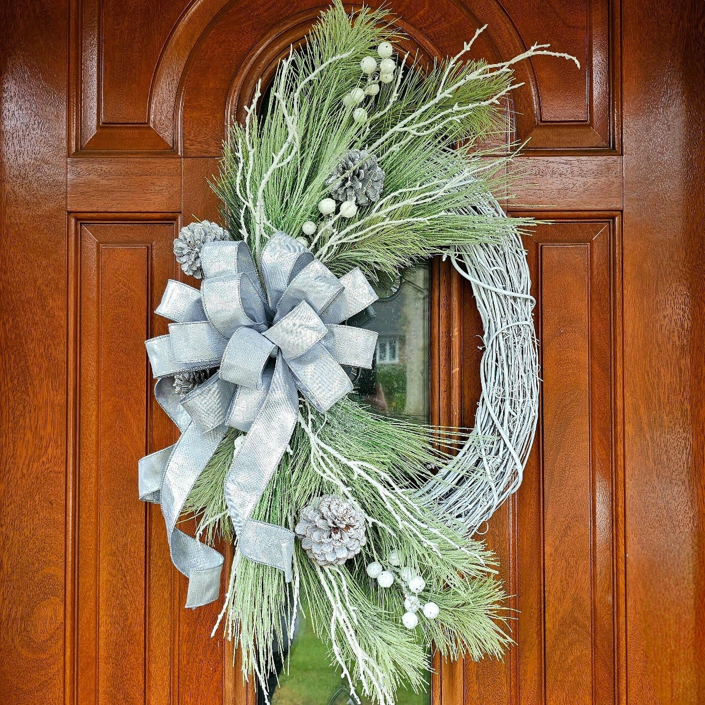 Handcrafted White & Silver Christmas Wreath For Front Door, Winter Porch Decor, Holiday Seasonal Home Decoration, Xmas Housewarming Gift