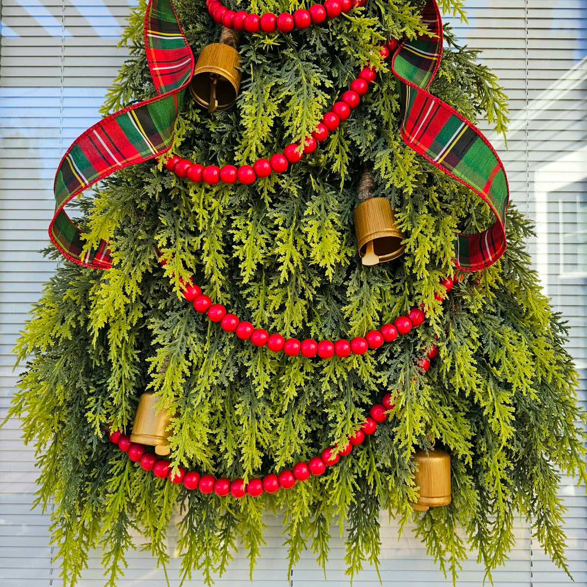 Christmas Tree Wreath: Cedar, Plaid Bow & Gold Bells