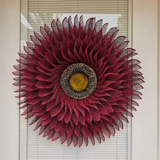 Sunflower Wreath For Front Door, Double Door, Outdoor Spring Summer Fall Decor, Outside Burgundy Burlap Flower Porch Decoration, Home Gift