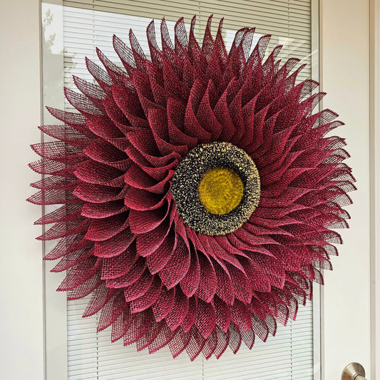 Sunflower Wreath For Front Door, Double Door, Outdoor Spring Summer Fall Decor, Burgundy Burlap Flower, Outside Porch Decoration, Home Gifts