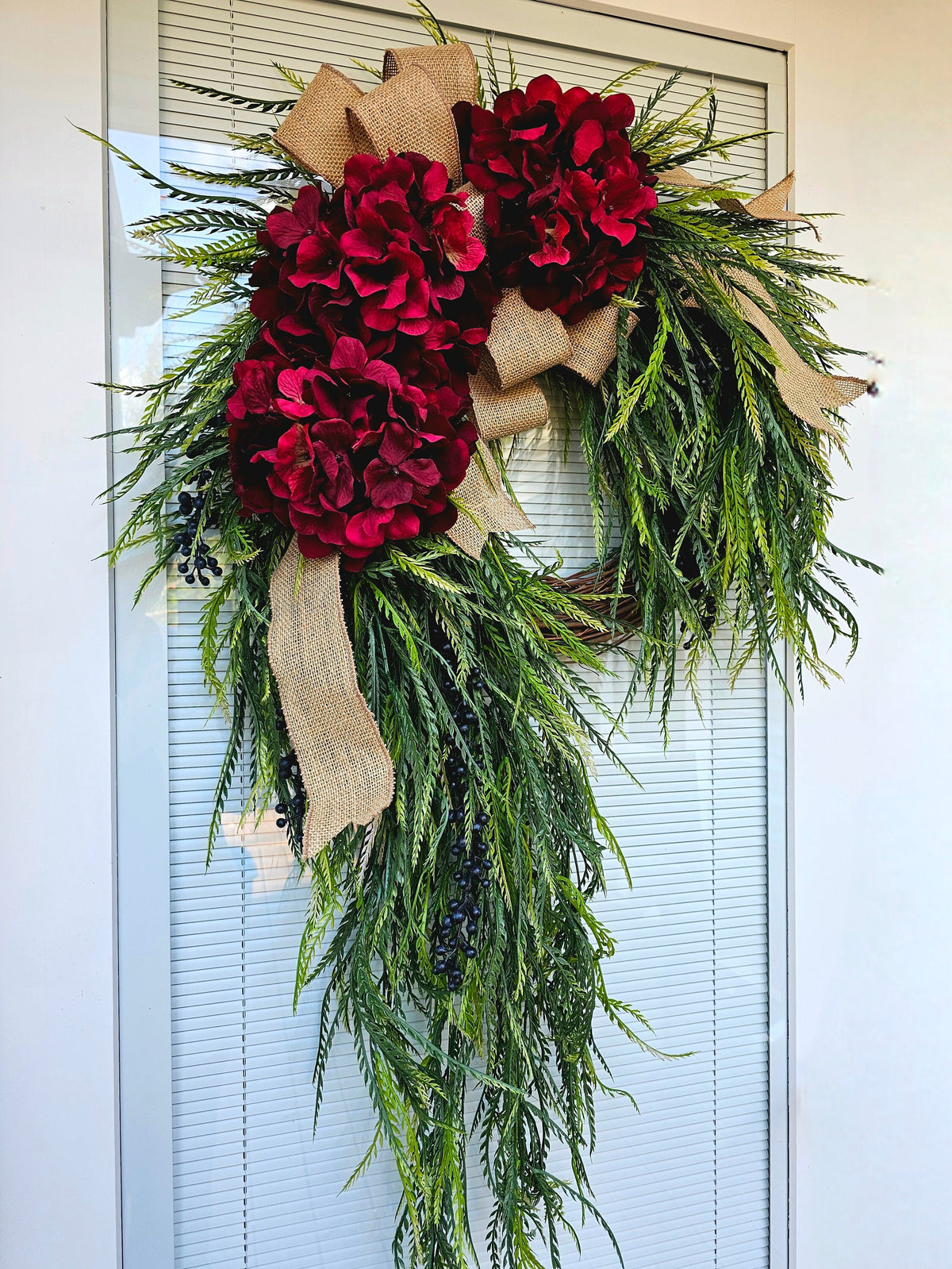 Large Christmas Wreath For Front Door Outdoor Holiday Decor Double Door Wreaths Porch Decor Red Hydrangea Fern Greenery Grapevine Wreath