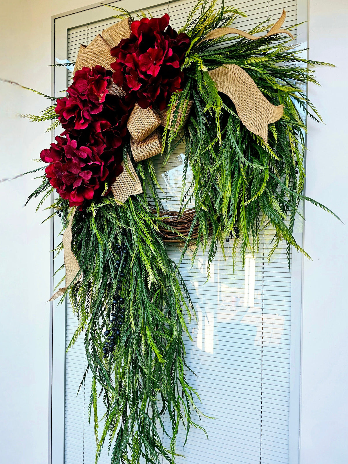 Large Christmas Wreath For Front Door Outdoor Holiday Decor Double Door Wreaths Porch Decor Red Hydrangea Fern Greenery Grapevine Wreath