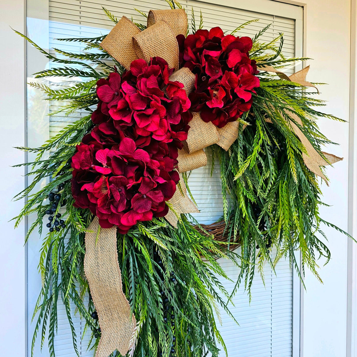 Large Christmas Wreath For Front Door Outdoor Holiday Decor Double Door Wreaths Porch Decor Red Hydrangea Fern Greenery Grapevine Wreath