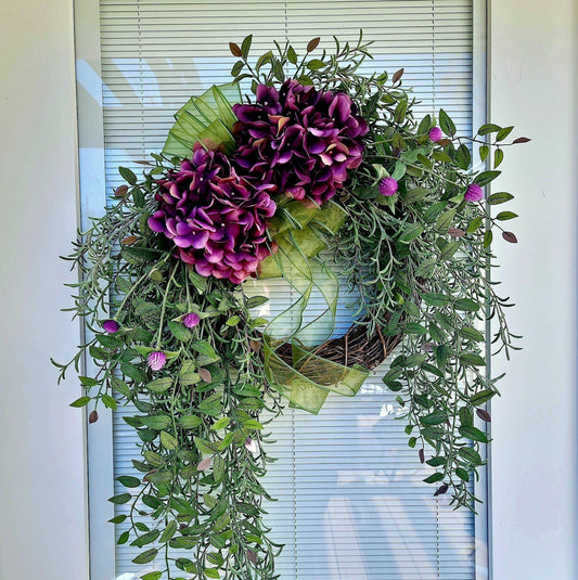 Spring Summer Fall Front Door Wreath, Double Door Decor, Purple Mauve Plum Hydrangea Swag, Outdoor Porch Decoration, Unique Floral Home Gift