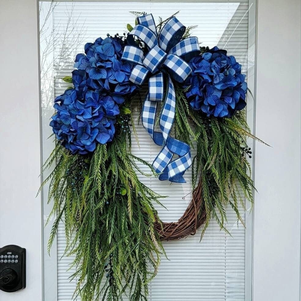 Spring Summer Wreath For Front Door Outdoor Porch Decor, Hydrangea Wreath, Rustic Farmhouse Wreath, Hostess Gift Idea