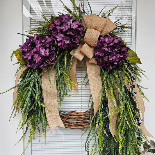 Spring Summer Fall Front Door Wreath, Double Door Decor, Purple Hydrangea Greenery Swag, Outdoor Porch Decoration, Unique Floral Home Gift