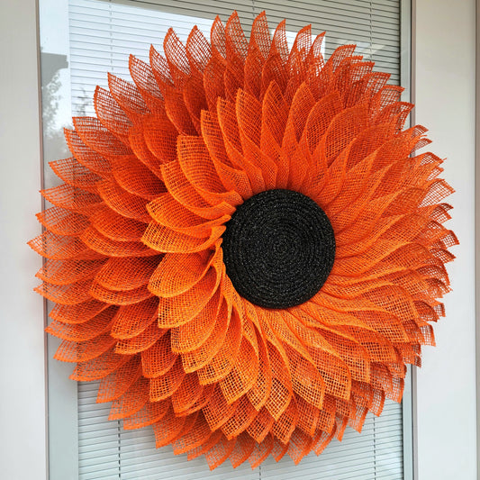 Sunflower Wreath For Front Door, Double Door, Outdoor Spring Summer Fall Porch Decor, Orange Bling Burlap Flower, Wall Decoration, Home Gift